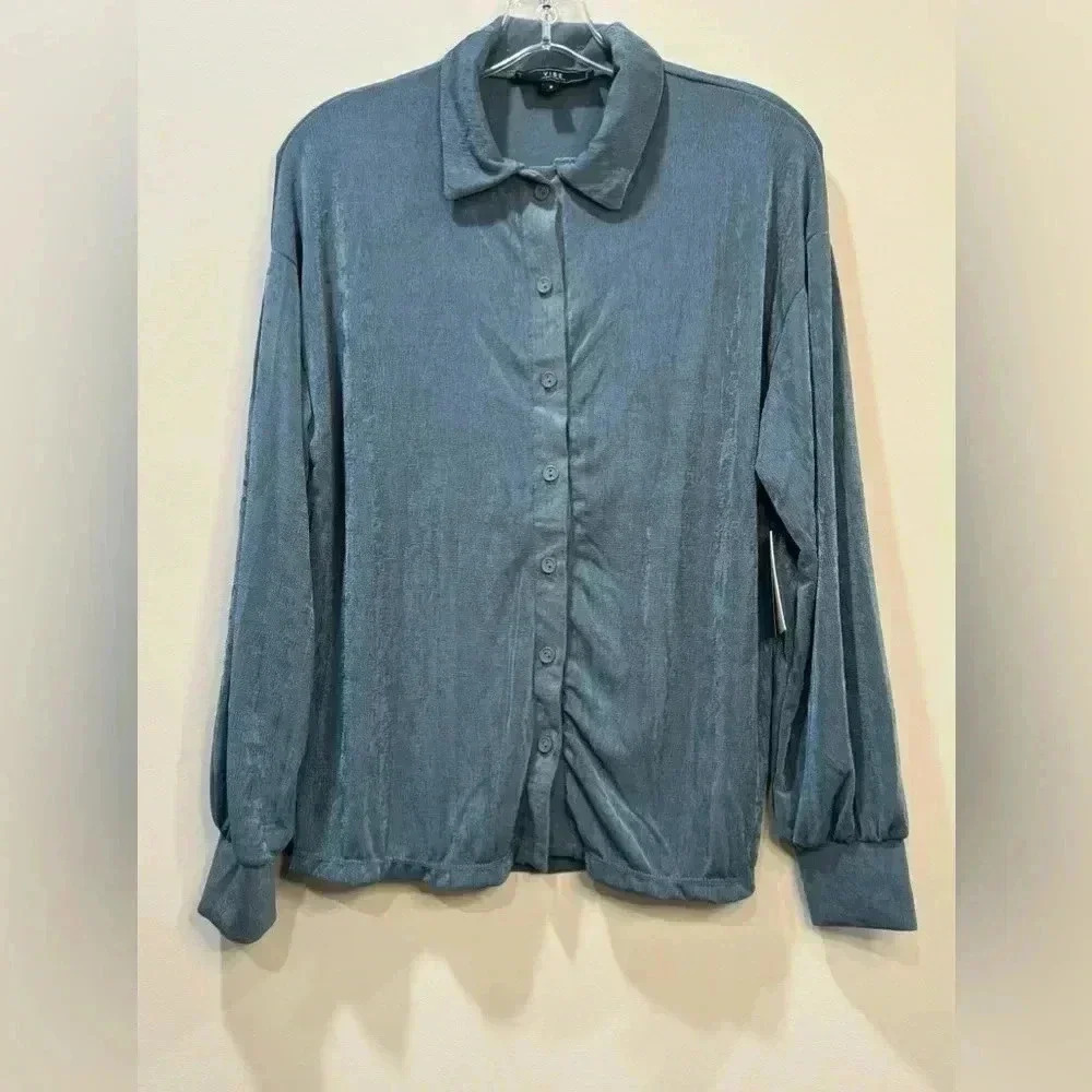 Vibe Sportswear Blue Shimmer Long Sleeve Boyfriend Shirt - Size S